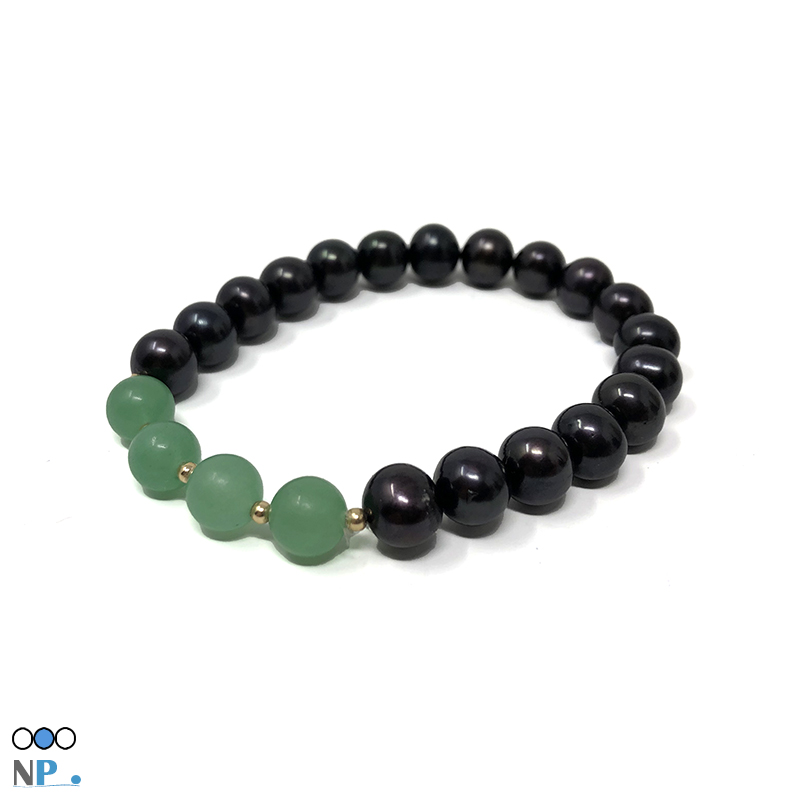 Bracelet de perles noires, perles d'eau douce - pierres semi precieuses Aventurines vertes et Billes Or jaune 18k